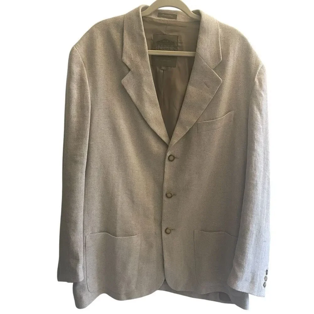 Vtg Structure Tan Khaki Linen Cotton Blend Blazer Jacket Sport Coat Men’s Sz XL